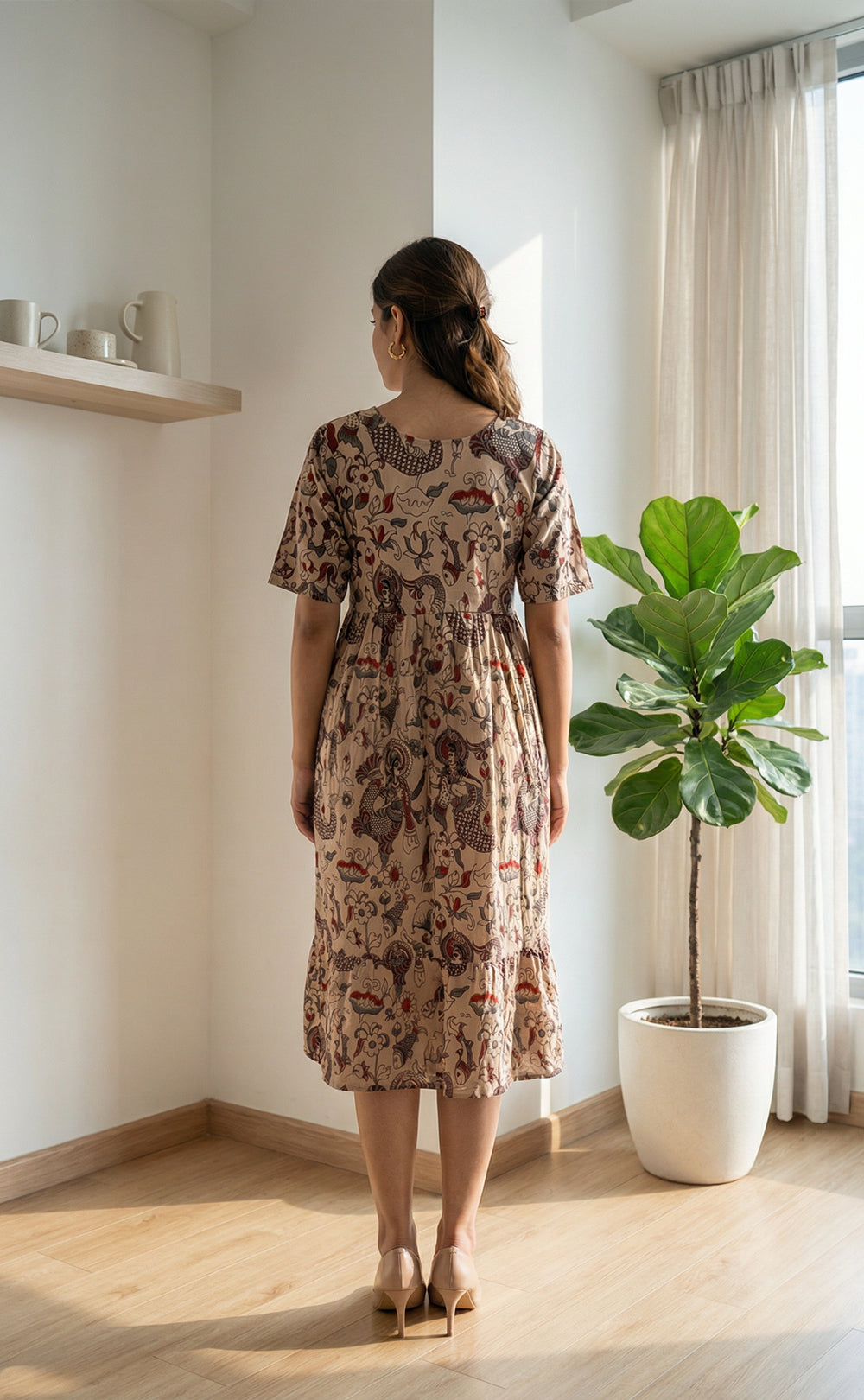 Cream and Marron Colour Kalamkari Printed Flair Kurti