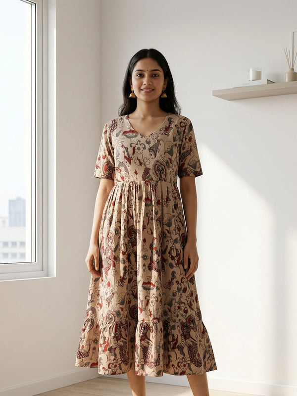 Cream and Maroon Colour Kalamkari Printed Flare Kurti