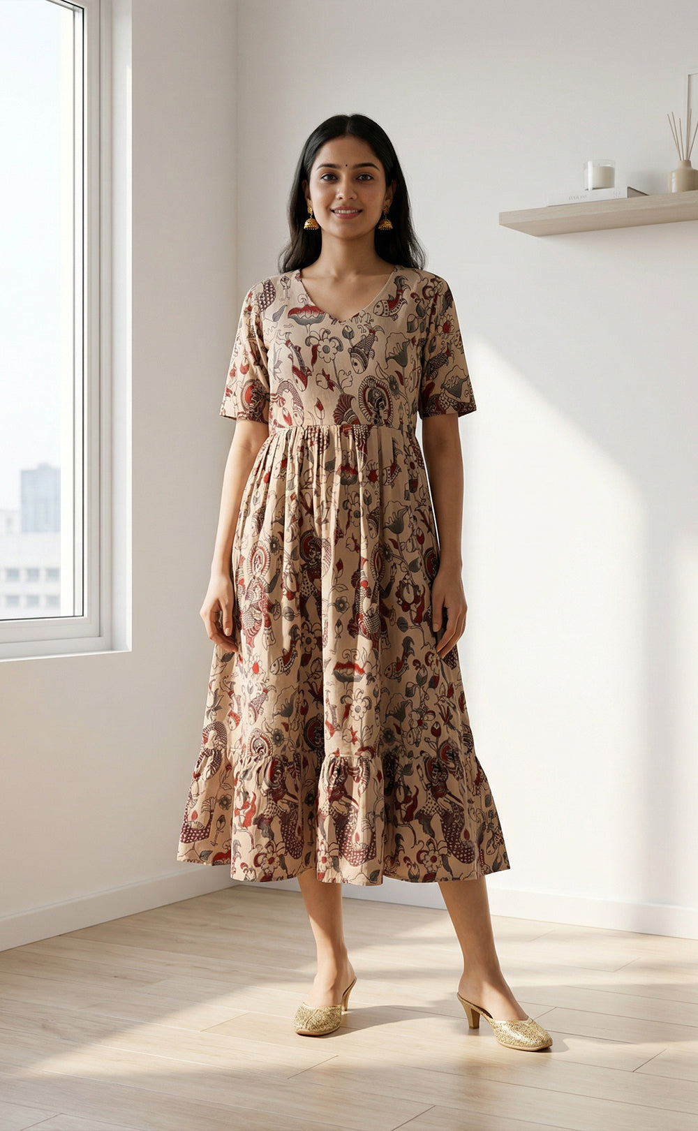 Cream and Marron Colour Kalamkari Printed Flair Kurti