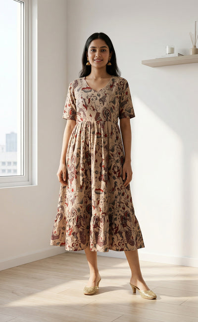 Cream and Marron Colour Kalamkari Printed Flair Kurti