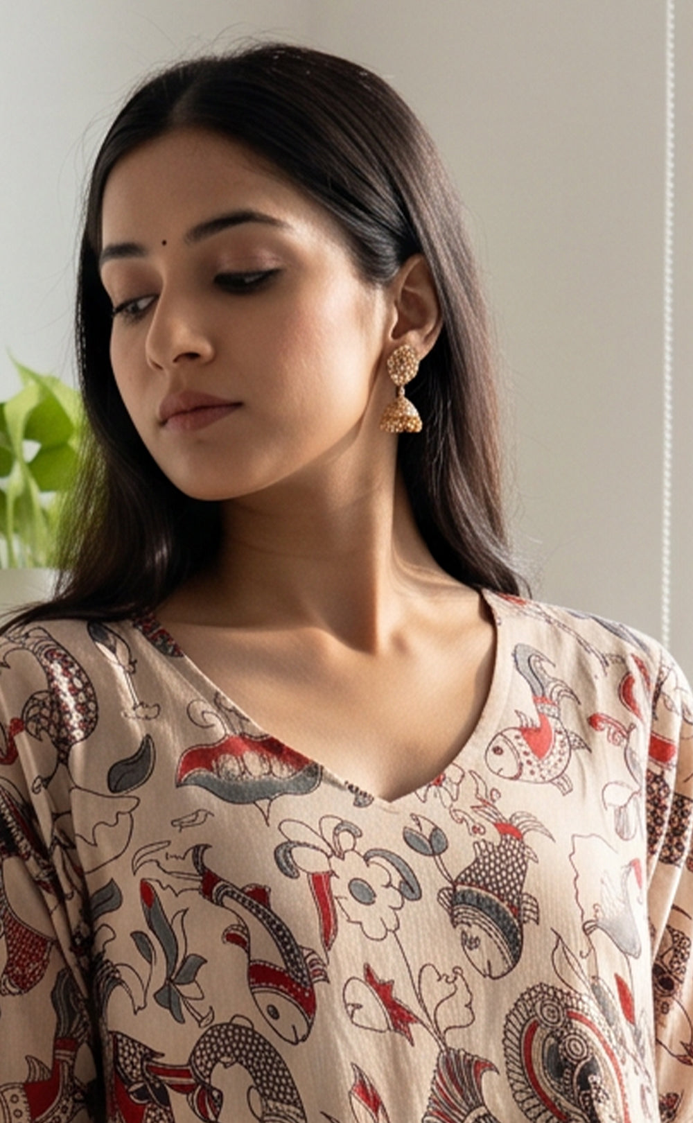 Cream and Marron Colour Kalamkari Printed Flair Kurti