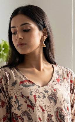 Cream and Marron Colour Kalamkari Printed Flair Kurti