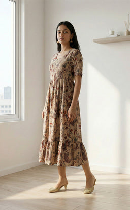 Cream and Marron Colour Kalamkari Printed Flair Kurti