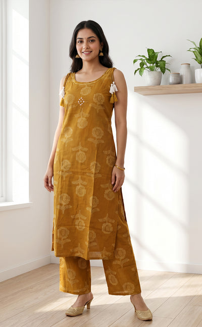 Mustard Yellow Cotton Dots Floral Printed Co-ord Set