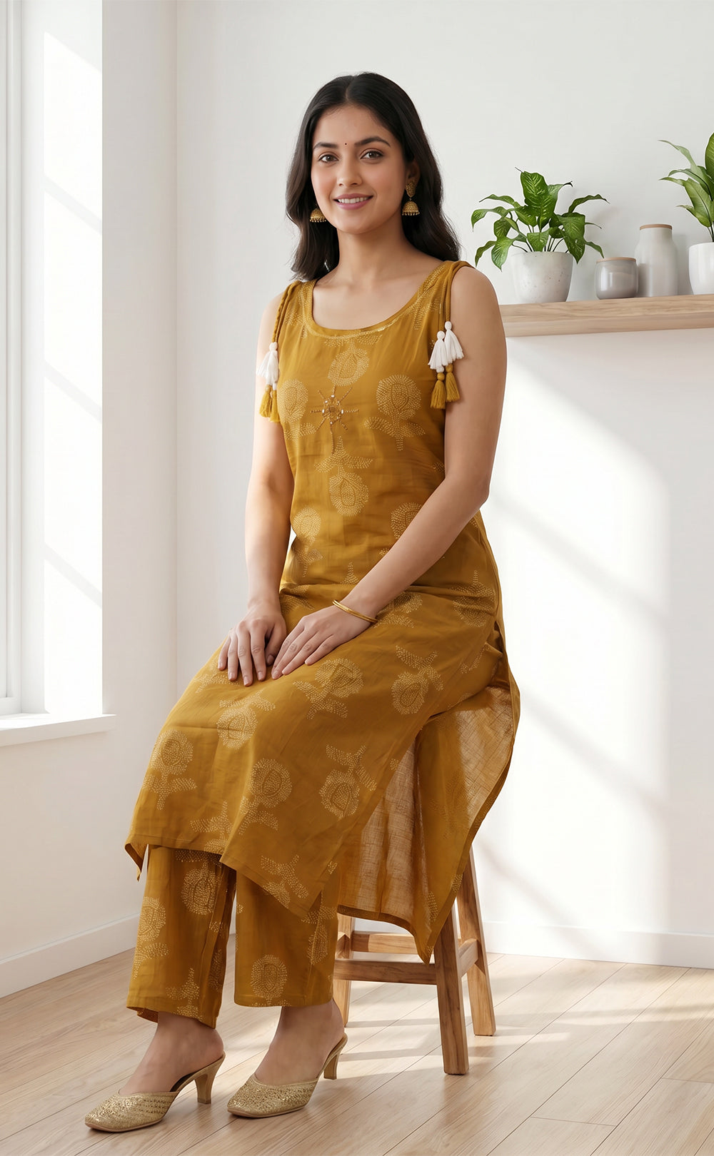 Mustard Yellow Cotton Dots Floral Printed Co-ord Set