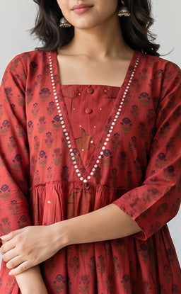 Marron Cotton All-Over Floral Printed Flare Kurti