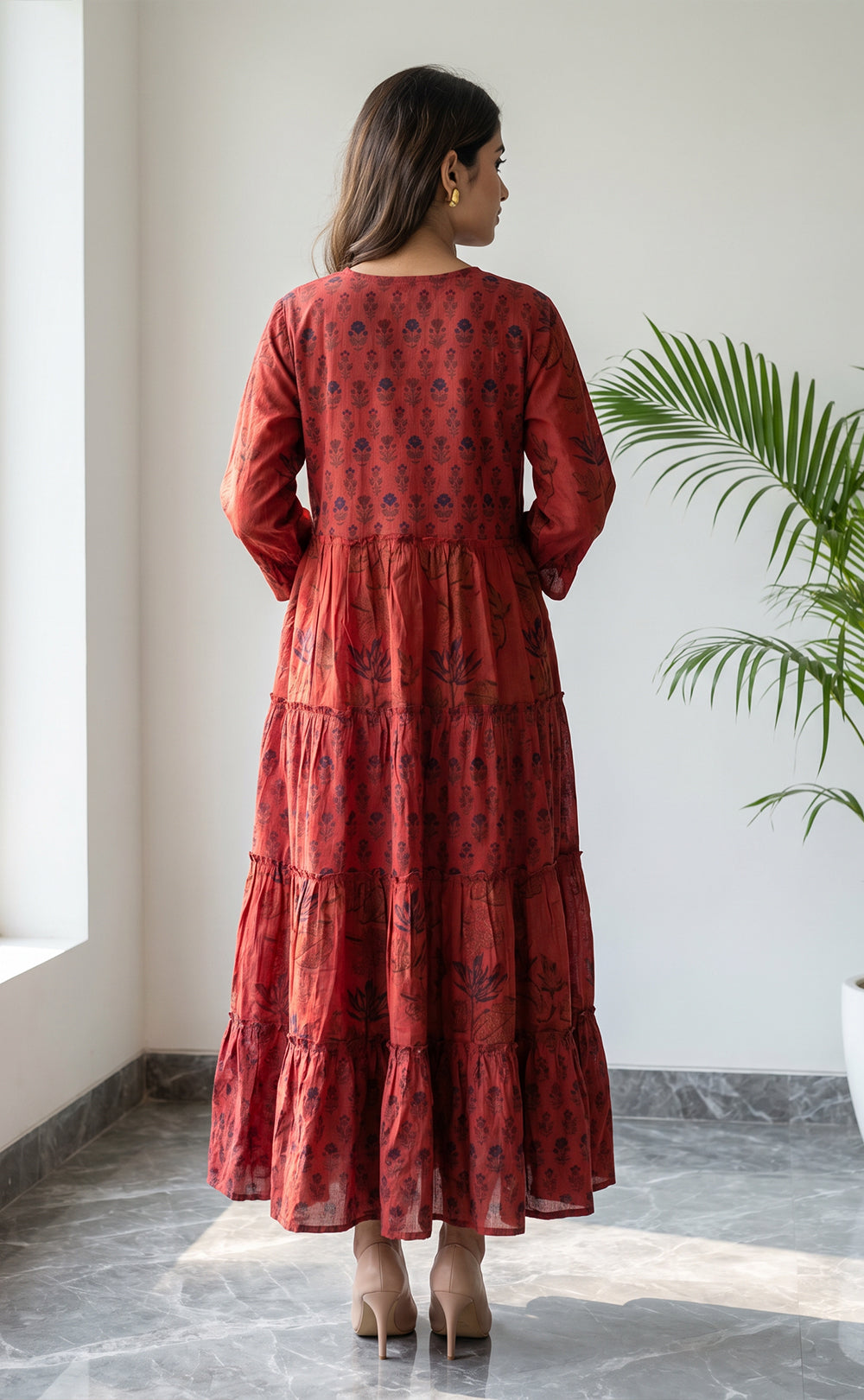 Marron Cotton All-Over Floral Printed Flare Kurti