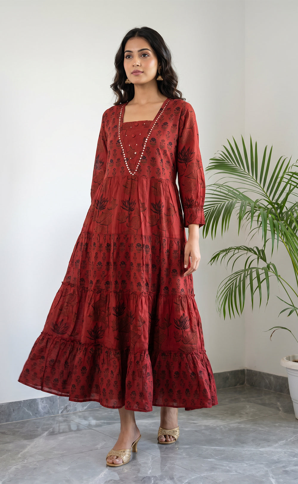 Marron Cotton All-Over Floral Printed Flare Kurti
