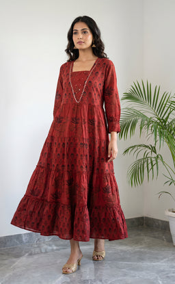 Marron Cotton All-Over Floral Printed Flare Kurti