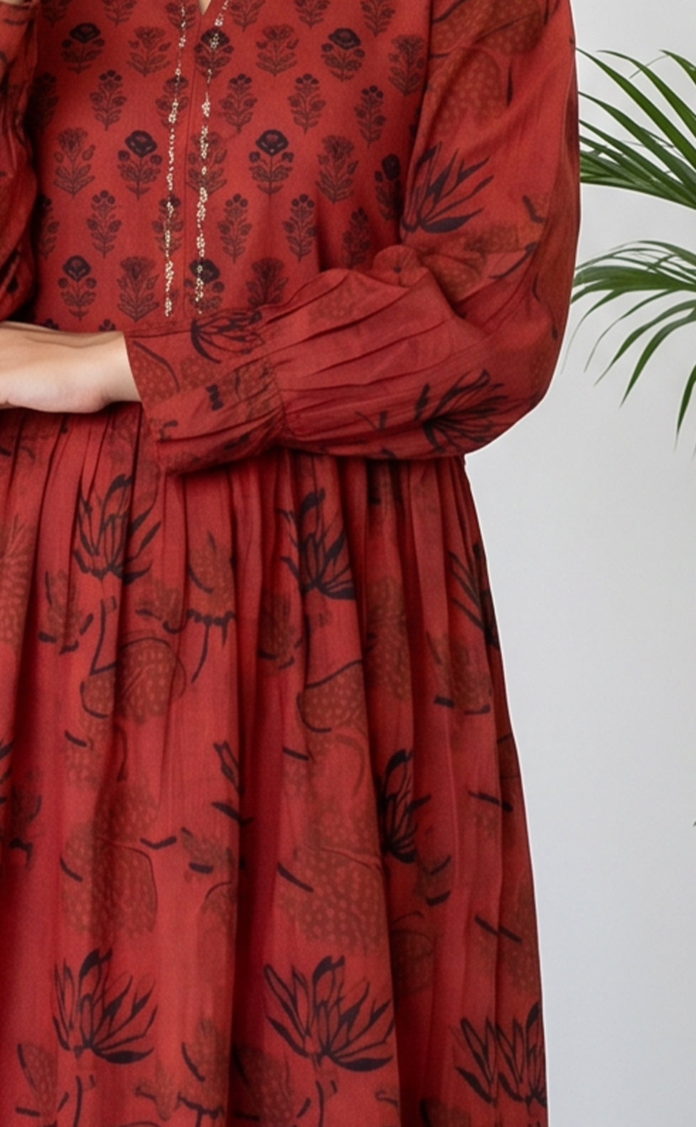 Marron Cotton All-Over Floral Printed Flare Kurti