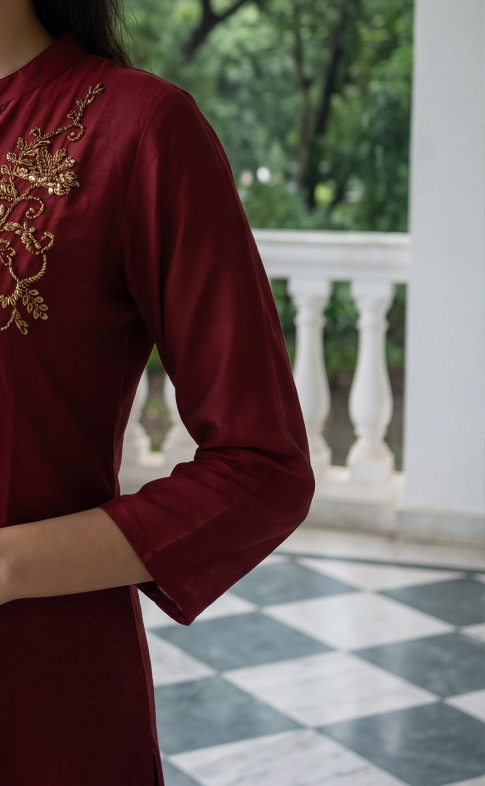 Marron Chinon Beats Work Kurti Set