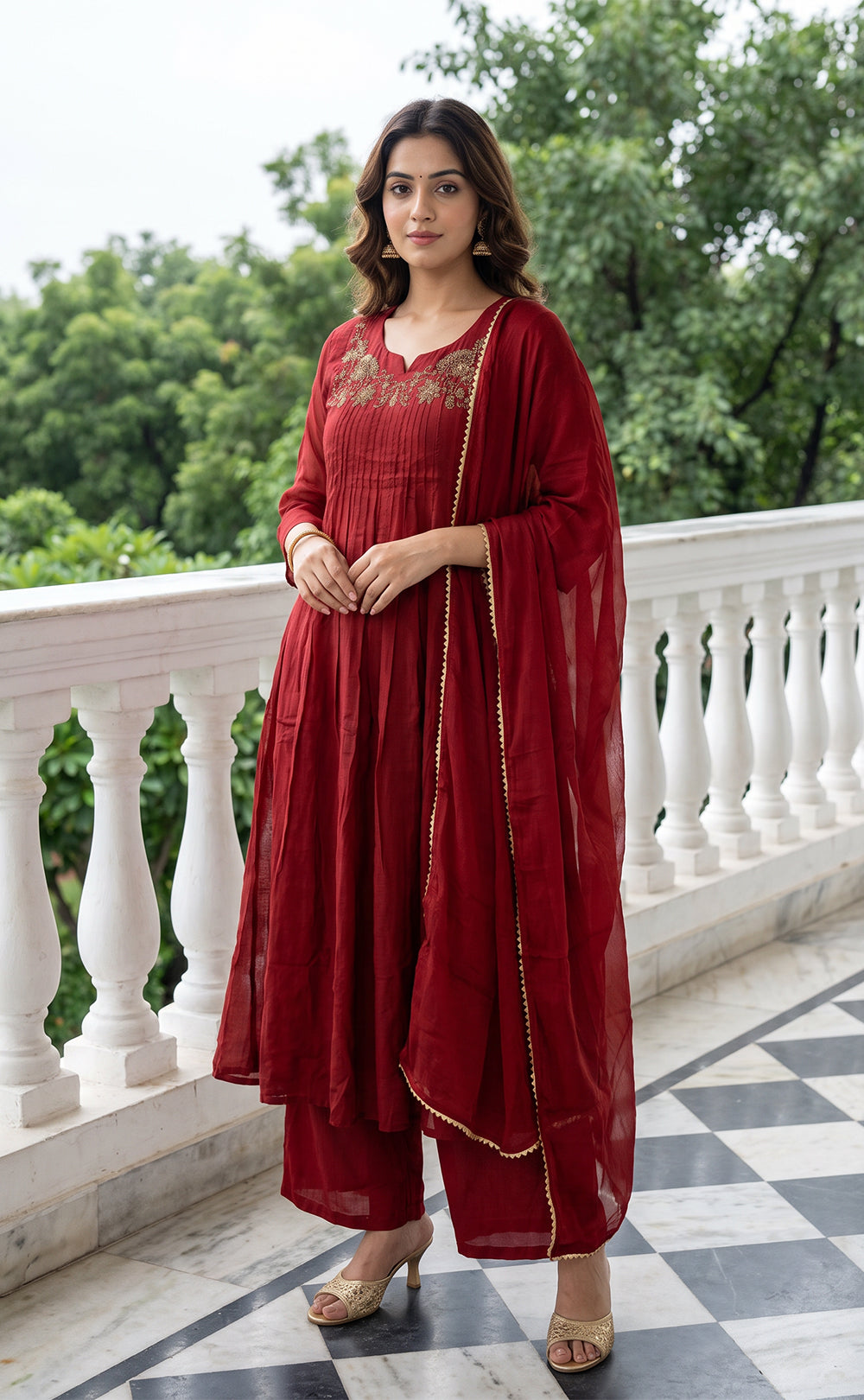 Marron Chinon Beats Work Kurti Set