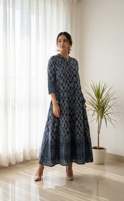 Blue Cotton All-Over Printed Kurti Set