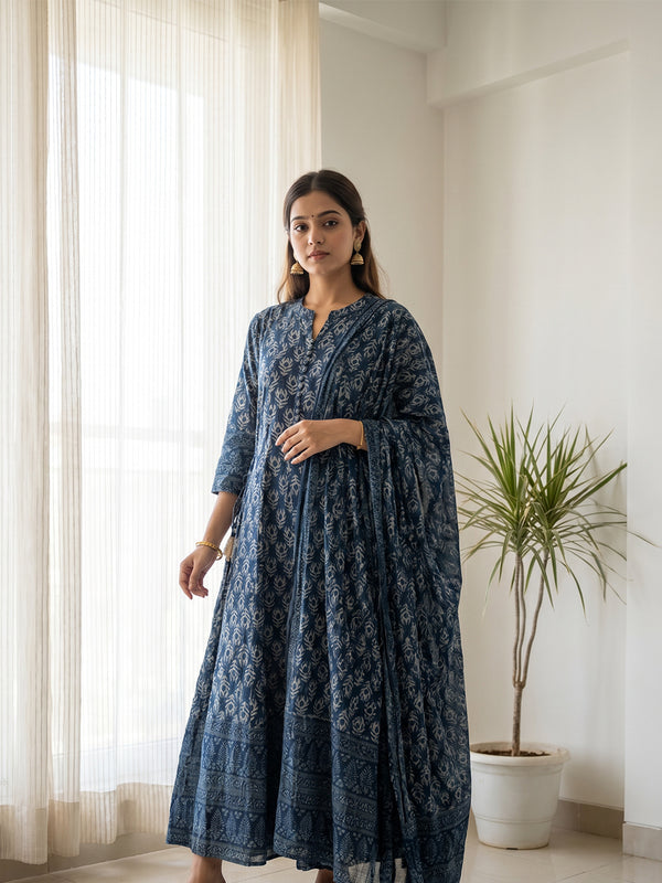 Blue Cotton All-Over Printed Kurti Set