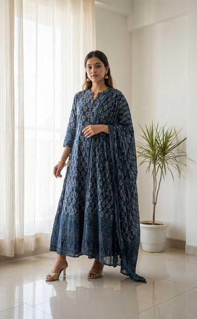 Blue Cotton All-Over Printed Kurti Set