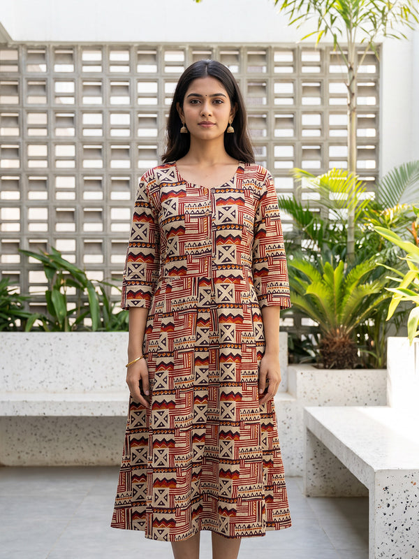 Maroon Cotton All-Over Kalamkari Printed Flare Kurti