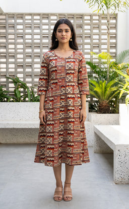 Maroon Cotton All-Over Kalamkari Printed Flare Kurti