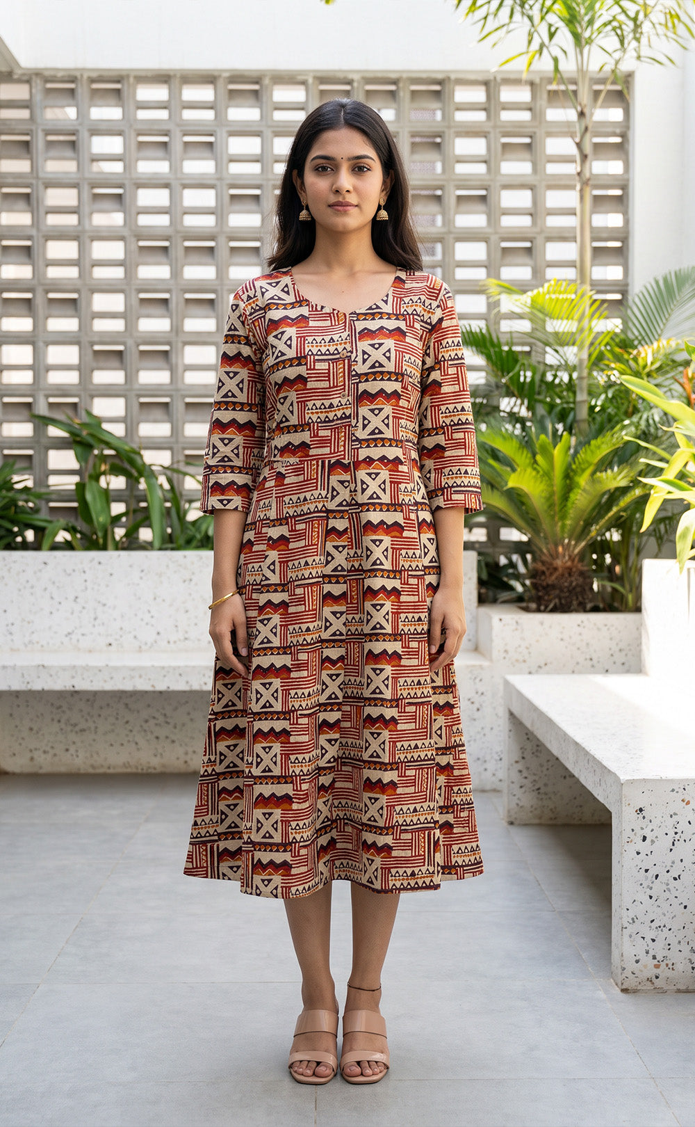 Maroon Cotton All-Over Kalamkari Printed Flare Kurti