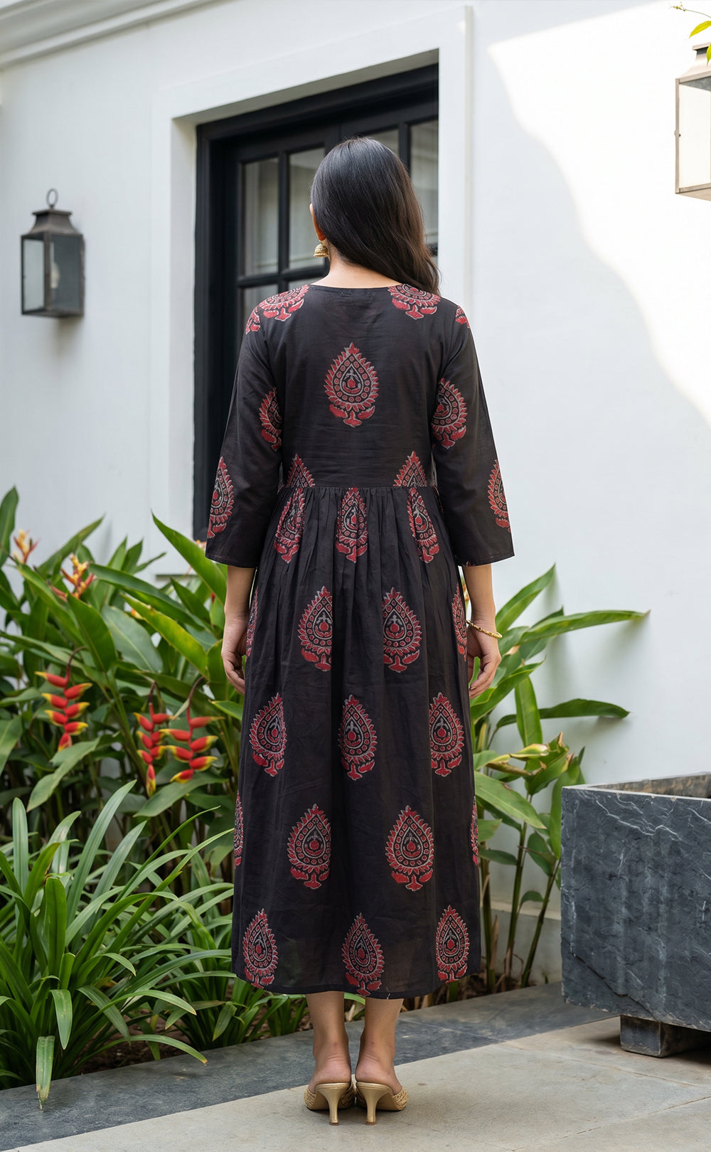 Black Cotton All-Over Floral Printed Flare Kurti