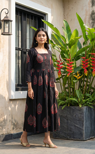 Black Cotton All-Over Floral Printed Flair Kurti