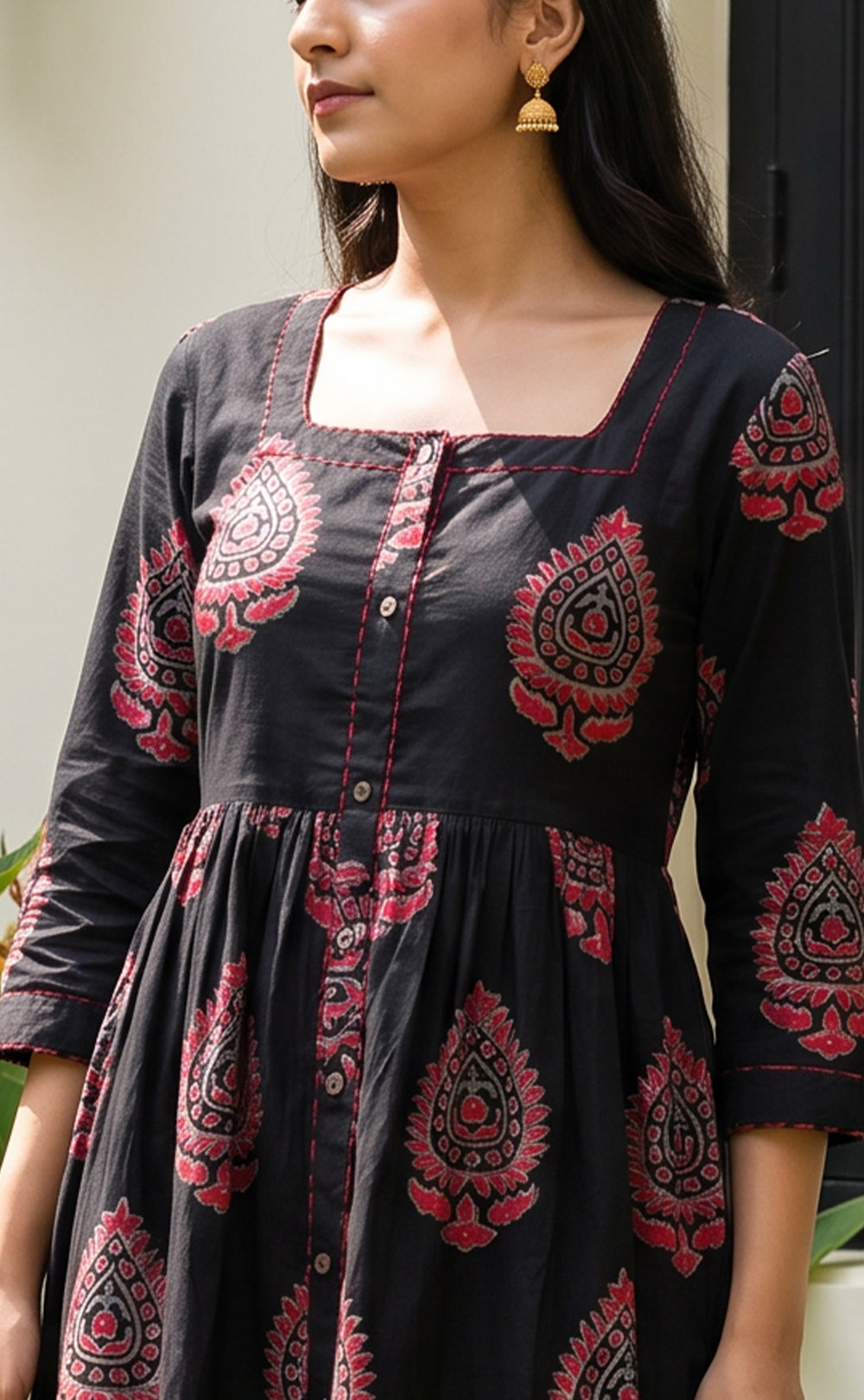 Black Cotton All-Over Floral Printed Flare Kurti