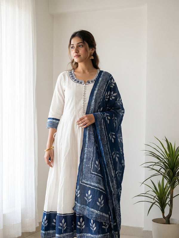 Indigo Blue Cotton Mirror Work And Thread Work Kurti Set