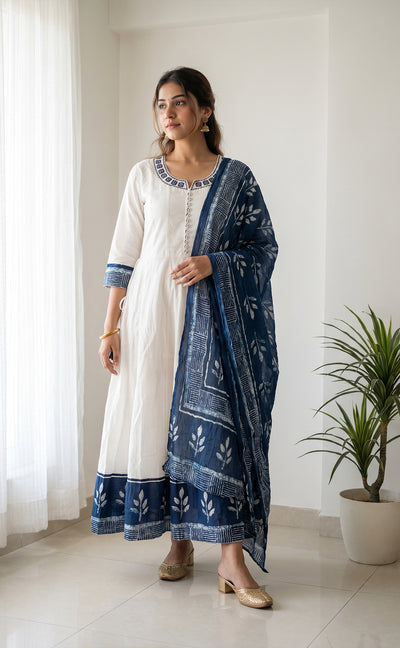 Indigo Blue Cotton Mirror Work And Thread Work Kurti Set