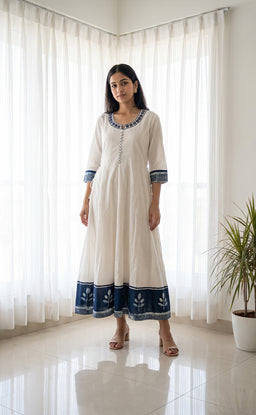 Indigo Blue Cotton Mirror Work And Thread Work Kurti Set