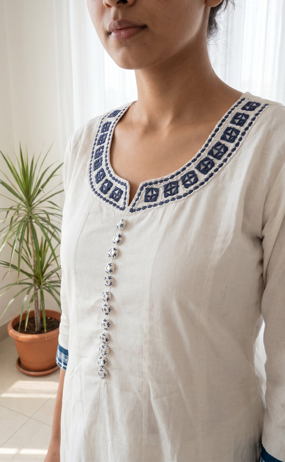 Indigo Blue Cotton Mirror Work And Thread Work Kurti Set