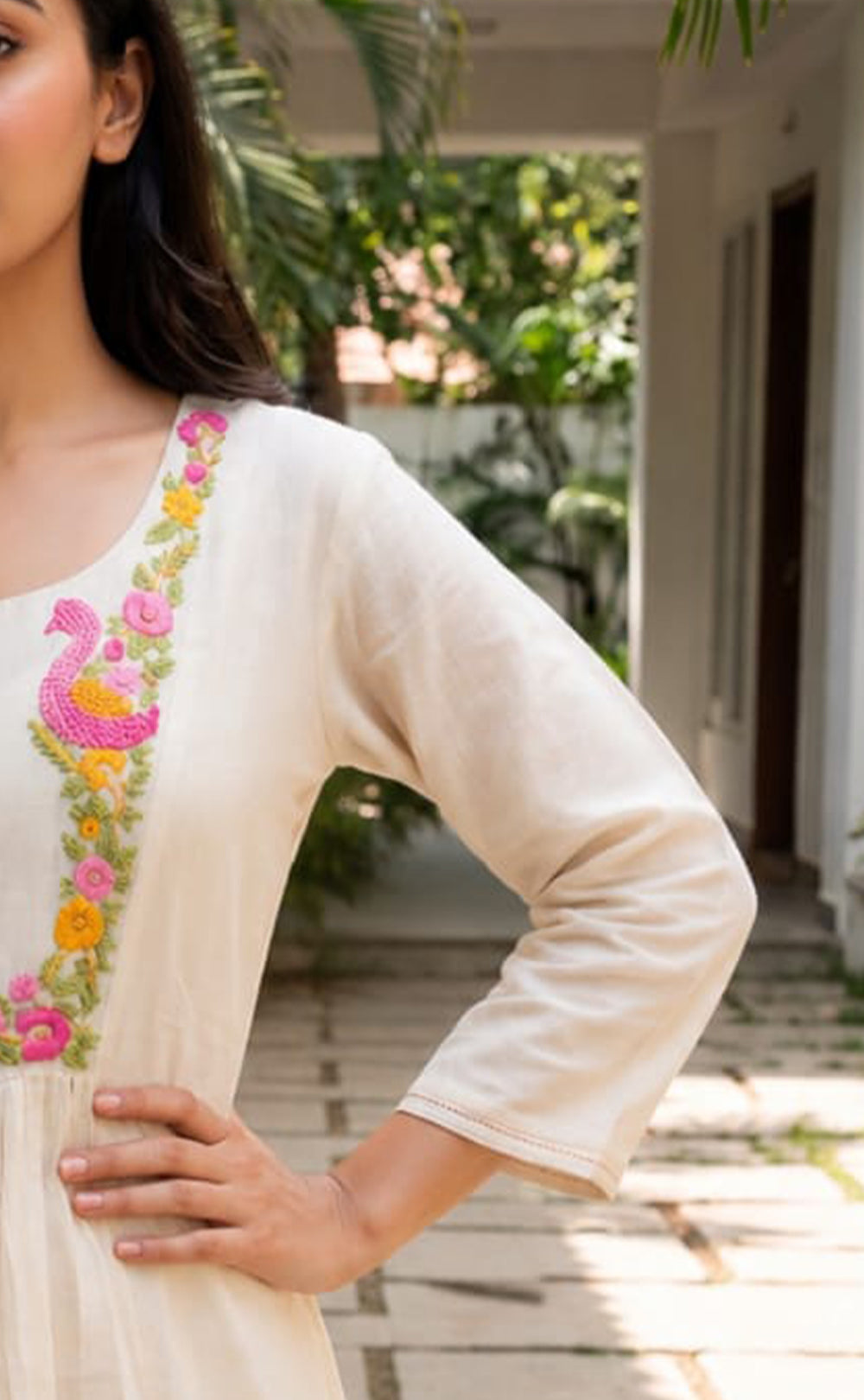 Half-White Cotton Floral And Swan Embroidery Work Flare Kurti With Pocket