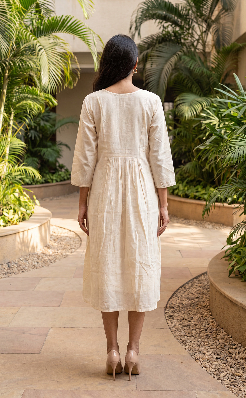 Half-White Cotton Floral And Swan Embroidery Work Flare Kurti With Pocket