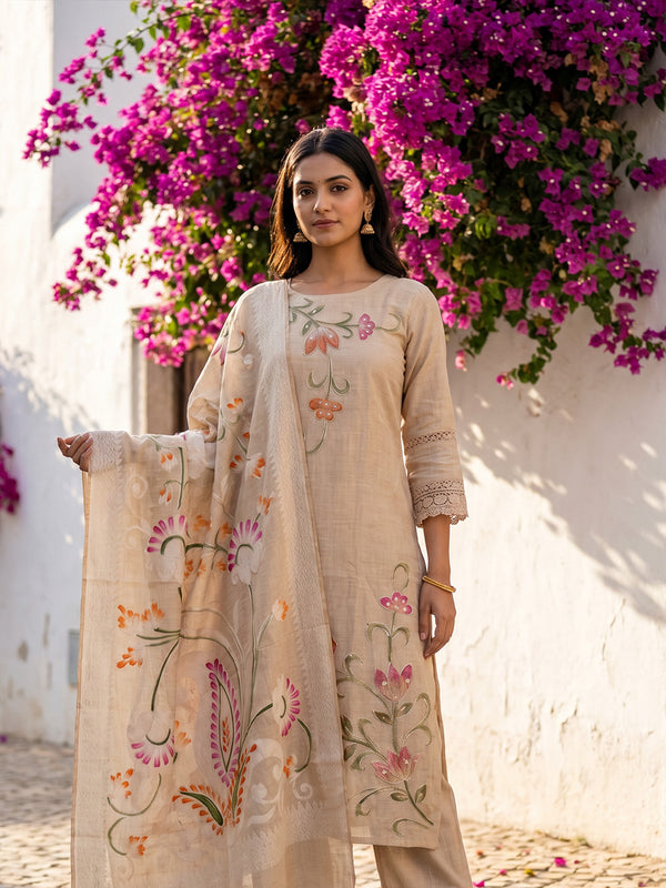 Cream Cotton Thread Work Kurti Set