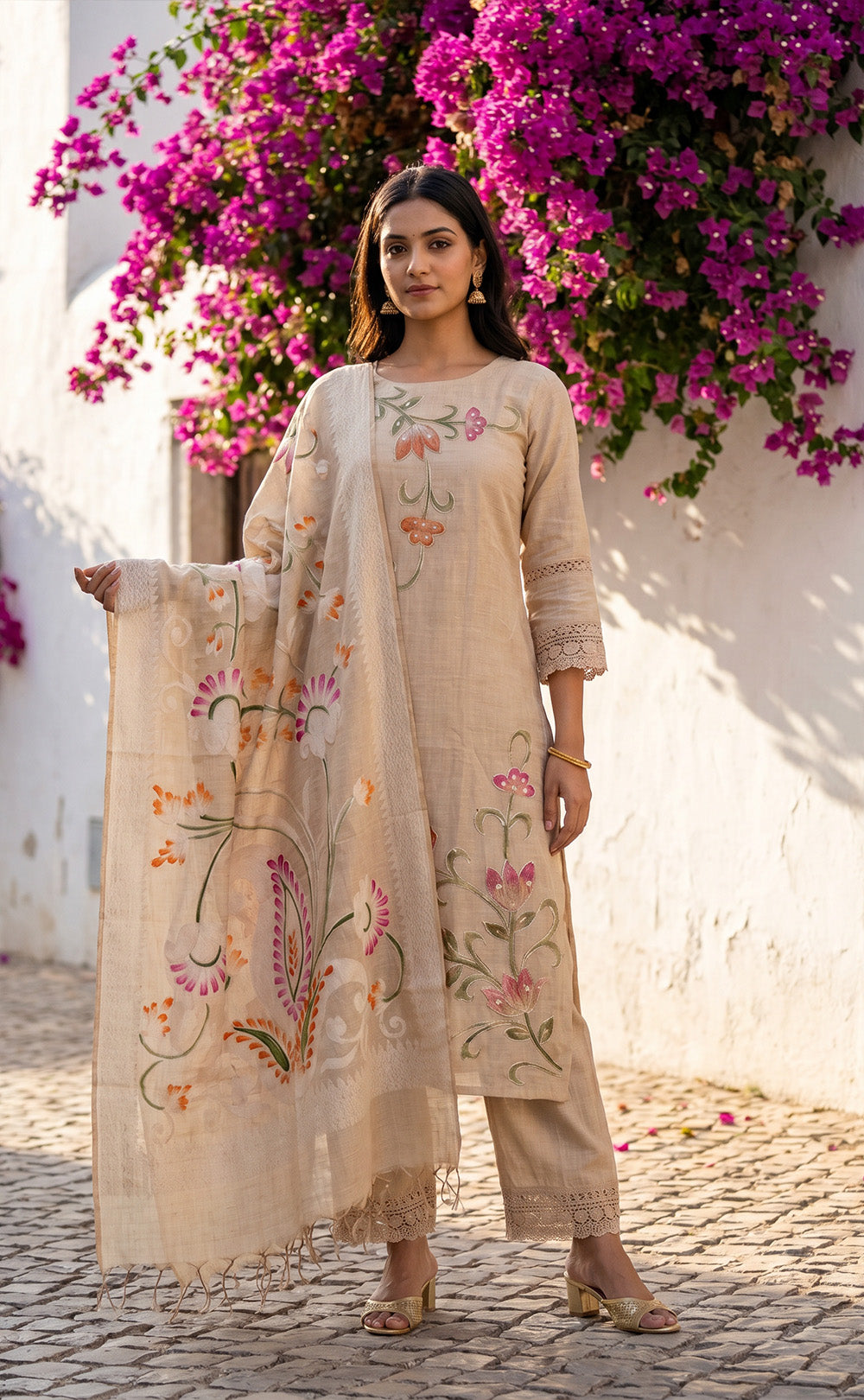 Cream Cotton Thread Work Kurti Set