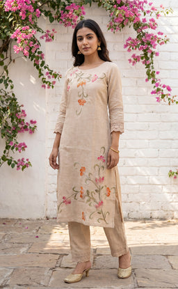 Cream Cotton Thread Work Kurti Set