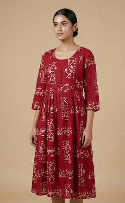 Maroon Rayon All-Over Geometric Printed Feeding Kurti