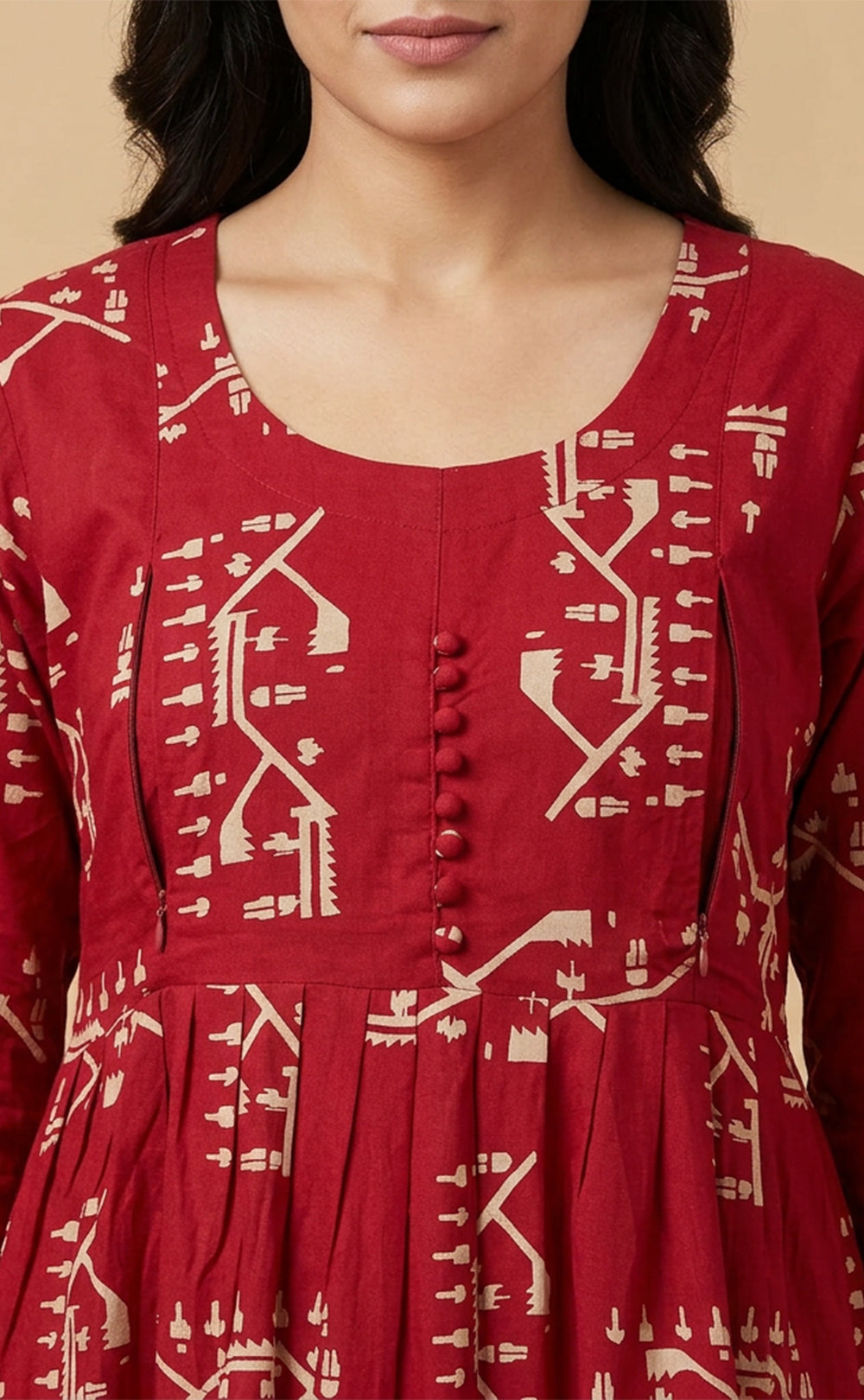 Maroon Rayon All-Over Geometric Printed Feeding Kurti