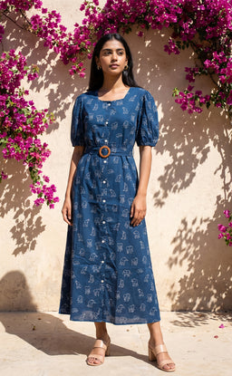 Blue Cotton All-Over Elephant Print Kurti Gown