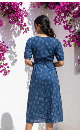 Blue Cotton All-Over Elephant Print Kurti Gown