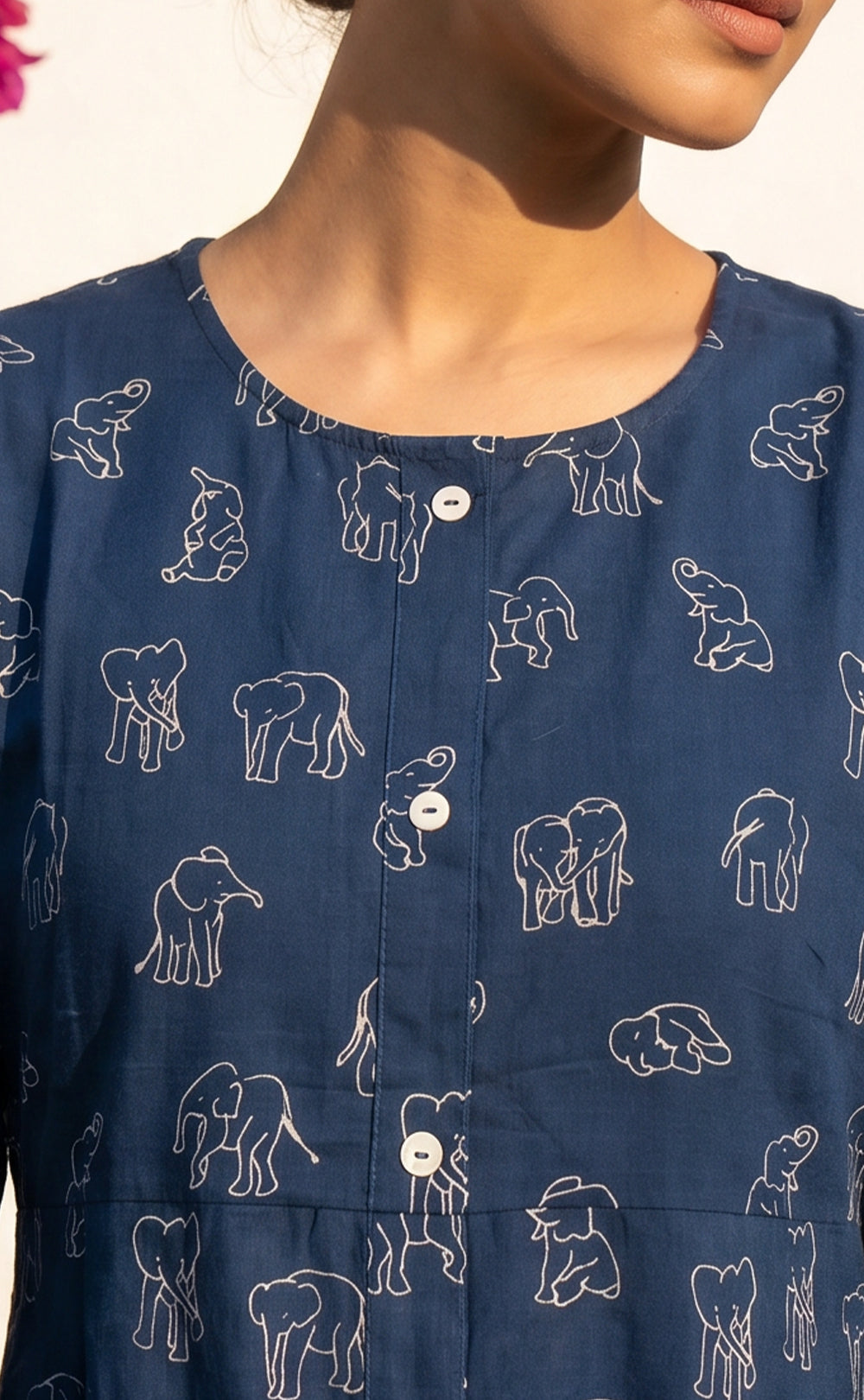 Blue Cotton All-Over Elephant Print Kurti Gown