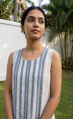 White And Blue Cotton Indo Western