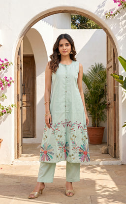 Mint Green Cotton Floral Print Kurti Set