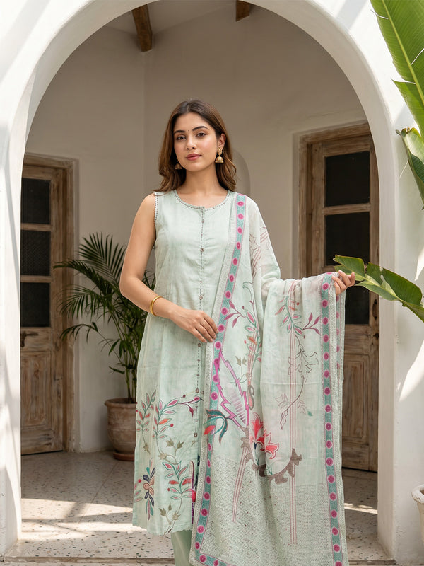 Mint Green Cotton Floral Print Kurti Set