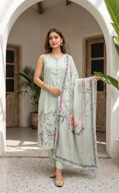 Mint Green Cotton Floral Print Kurti Set