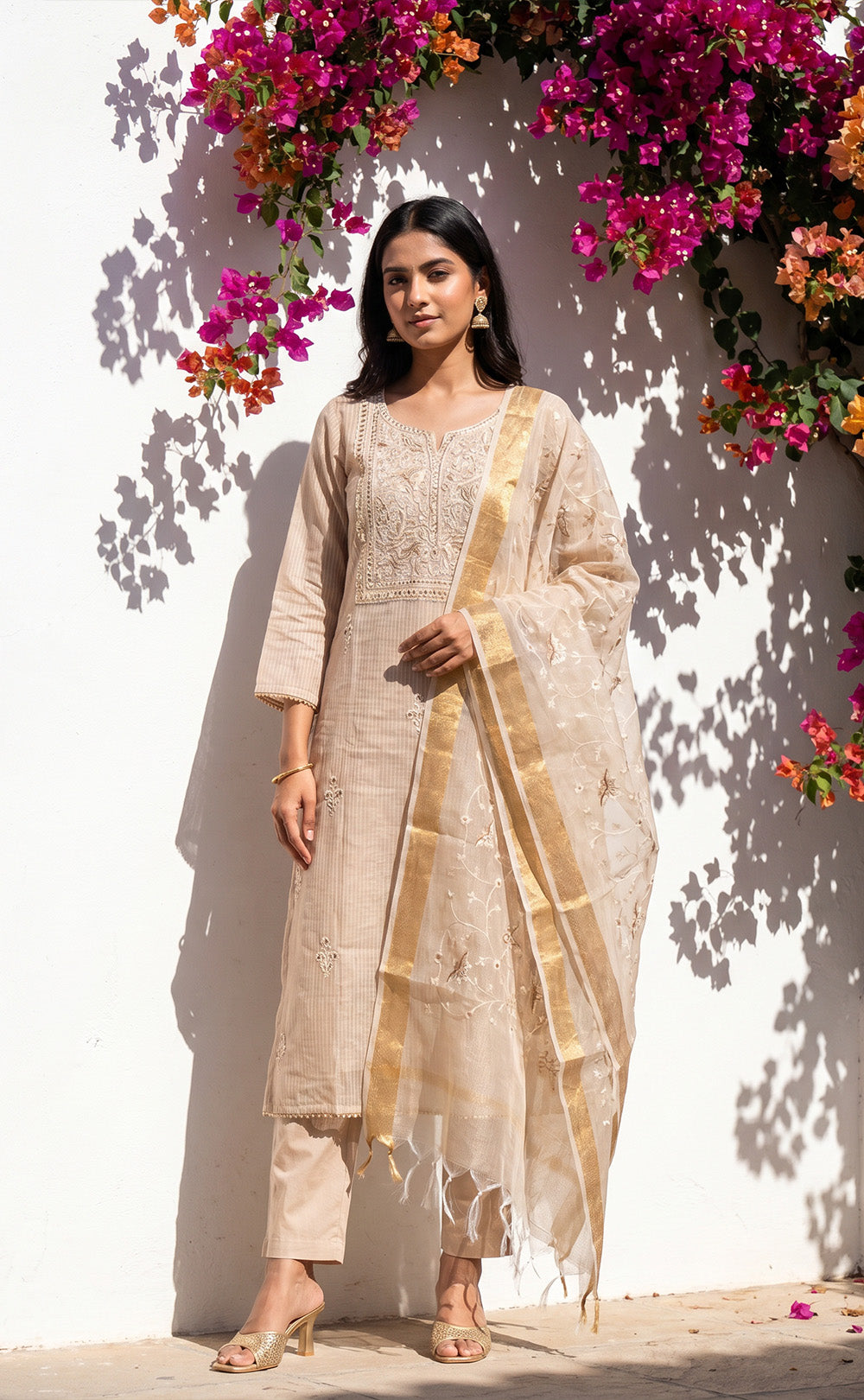 Cream Kota Cotton Thread Embroidery Kurti Set
