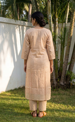 Cream Kota Cotton Thread Embroidery Kurti Set