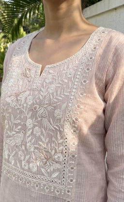 Cream Kota Cotton Thread Embroidery Kurti Set