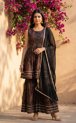 Black Rayon All-Over Printed Kurti Set