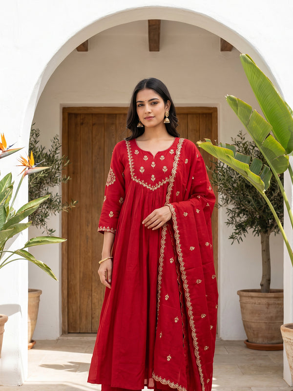 Marron Cotton Thread Embroidery Kurti Set