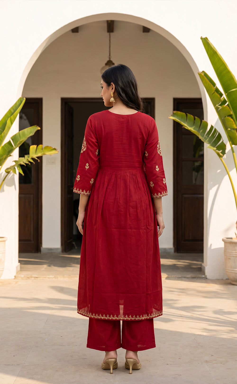 Marron Cotton Thread Embroidery Kurti Set