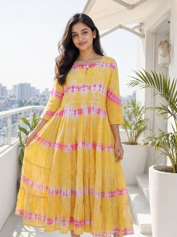 Yellow Cotton Mirror Buti Work Flare Kurti